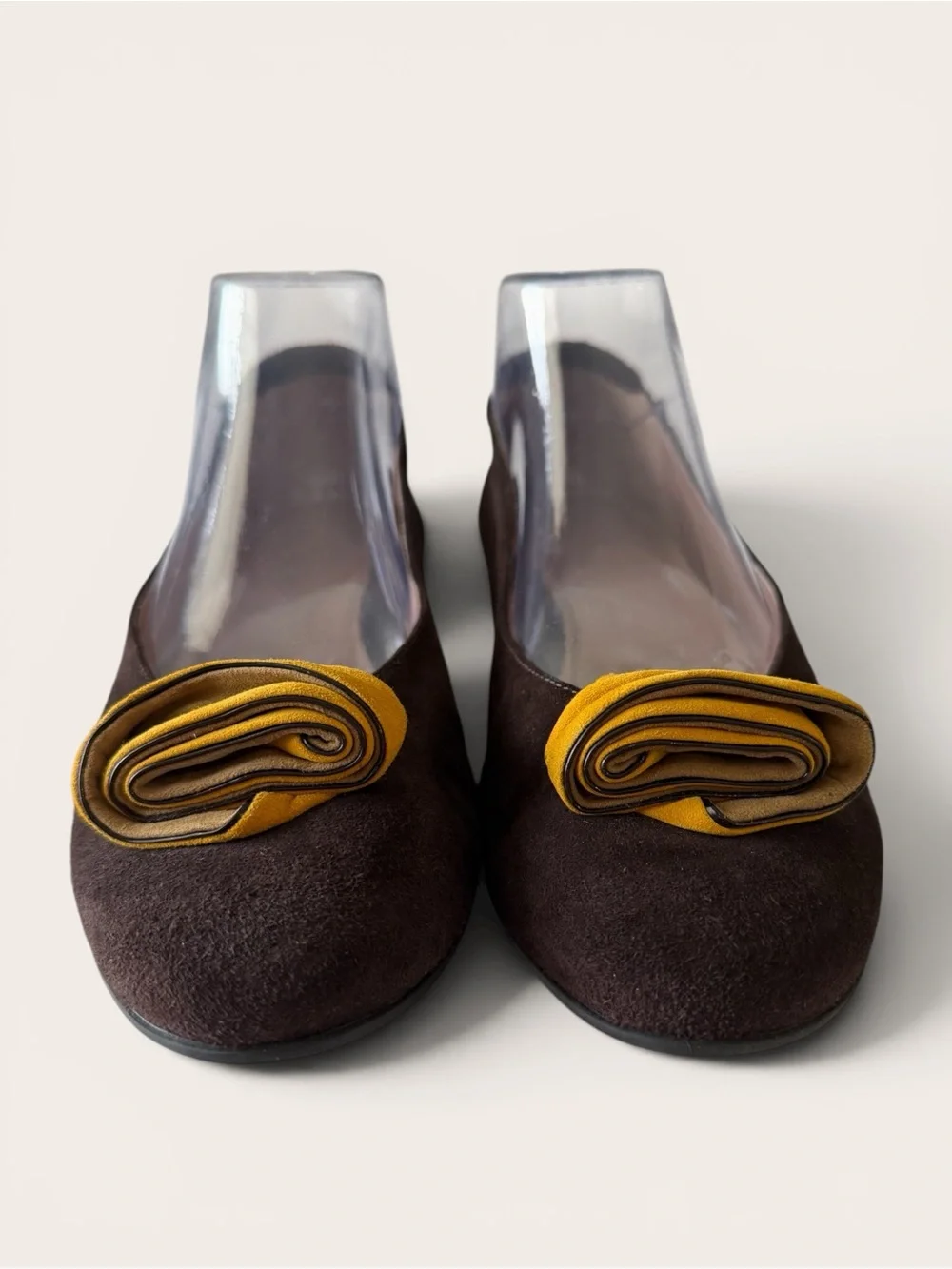 BeautiFeel Dark Brown Suede Flats with Yellow Rosette Accent